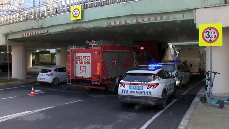 Bakırköy’de üst geçide sıkışan kamyonun sürücüsüne para cezası