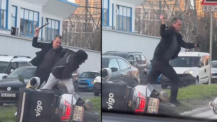 İstanbul’da şok görüntü! Arabasını yumruklayan kuryeyi copla dövdü