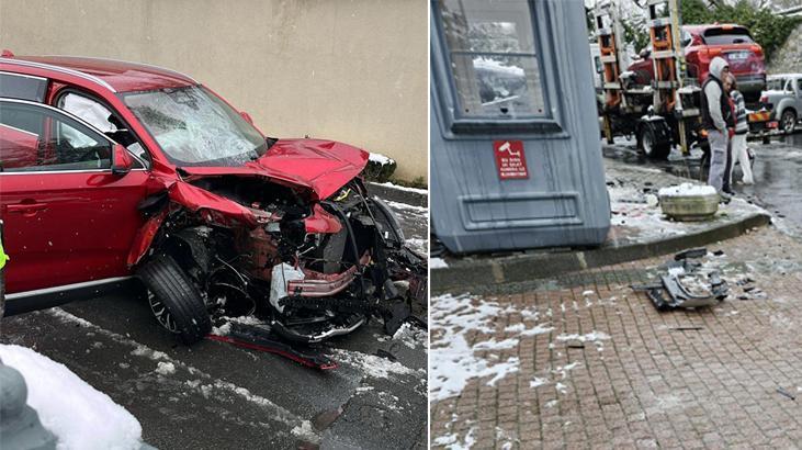 İstanbul’da karlı yolda kayan cip dehşet saçtı!