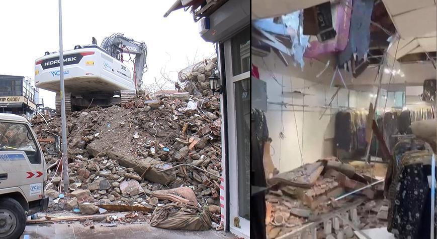 Küçükçekmece’de yıkım faciası! Binadan kopan parçalar mağazanın tavanını deldi