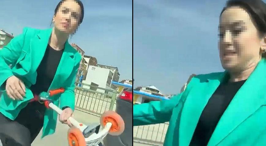 Trafikte akıllamaz an! Kendisini uyaran sürücüye oyuncak skuter ile saldırdı