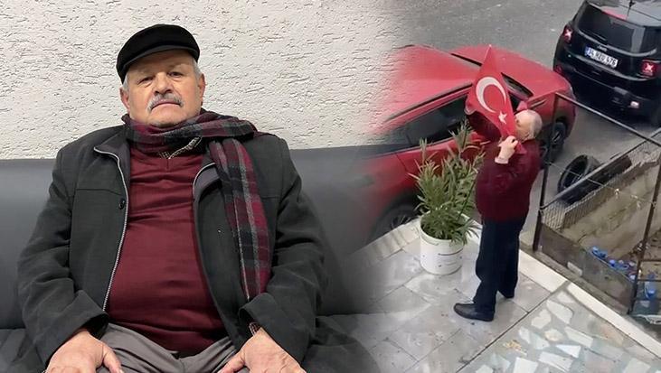 Soğuk havaya rağmen aşağı indi! Yerde bulduğu Türk bayrağını öperek astı