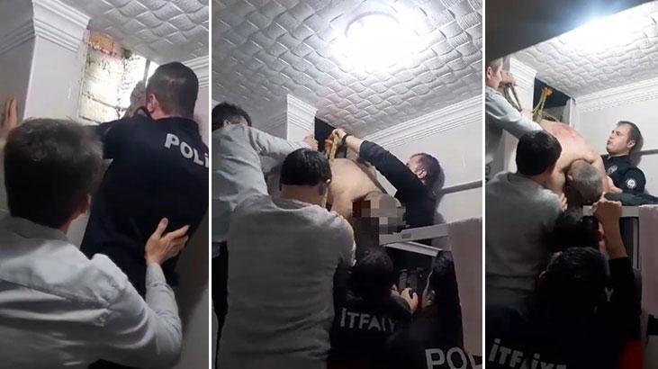 Boşanma aşamasındaki eşinin evine girmek istedi, havalandırma boşluğunda sıkıştı